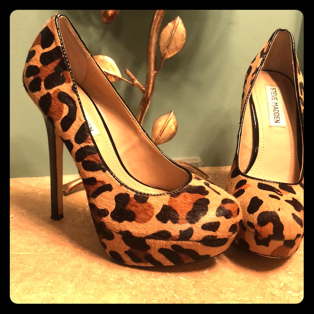 Steve Madden leopard printed fur stilettos